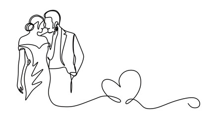 274.econtinuous line art of a pair of man and woman in wedding dress and suit performing a wedding with curved lines forming a heart. Wedding concept. this icon is for invitation cards and wall decora