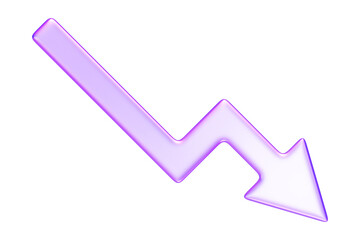 Purple glassmorphism downward arrow chart icon, representing business loss, market drop, or negative metrics, 3d rendering