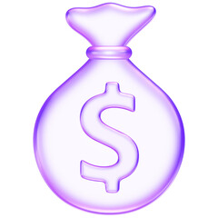 Purple glassmorphism money bag icon with dollar sign, representing savings, earnings, or financial security, 3d rendering