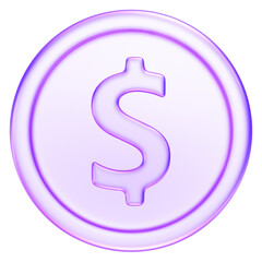 Purple glassmorphism coin icon with dollar sign, perfect for concepts of currency, pricing, or saving money, 3d rendering