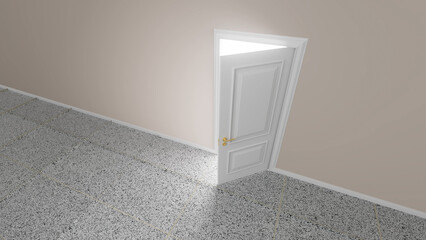 Slightly open white door letting in a beam of light into a room with light beige walls and granite tiled floor, suggesting new opportunities, hope, and a bright future