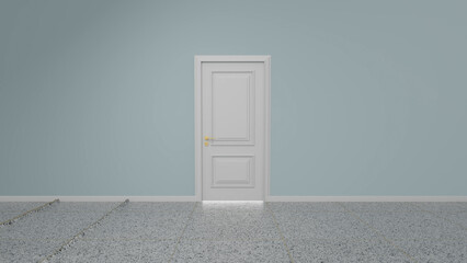 Minimalist interior design featuring a closed white door with golden handle in a light blue room with terrazzo flooring, creating a simple yet elegant atmosphere