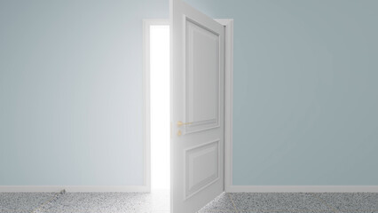 Slightly opened white door revealing a bright light in a blue room with terrazzo flooring represents concepts such as opportunity, new beginnings, hope, and the unknown