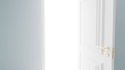 Naklejka premium Slightly open white door with a gold handle allowing bright white light to flood in, evoking hope and optimism for new beginnings and overcoming challenges