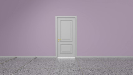 Minimalist interior design featuring a closed white door with golden handle on a purple wall in an empty room with terrazzo flooring, creating a simple yet stylish atmosphere