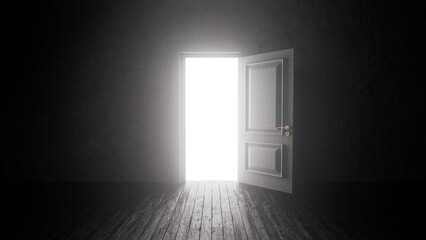 Bright light streaming through an open door illuminates a dark, empty room with a wooden floor, evoking a sense of mystery and hope for new beginnings and possibilities