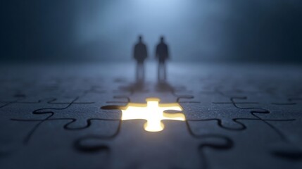 Businessmen observing missing puzzle piece emitting light