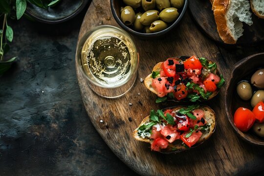 A champagne glass paired with bruschetta with tomatoes and olives on a rustic wooden board, minimal background with space for text. Ideal for wine menus, food promotions, and web design.