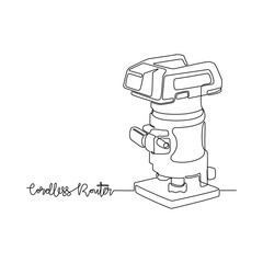 One continuous line drawing of Workshop tool vector illustration. Cordless Router design concept in simple linear continuous line. Great design for tools equipment presentation and educational purpose