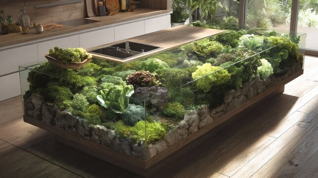 Modern kitchen countertop composting waste instantly with herbs and vegetables