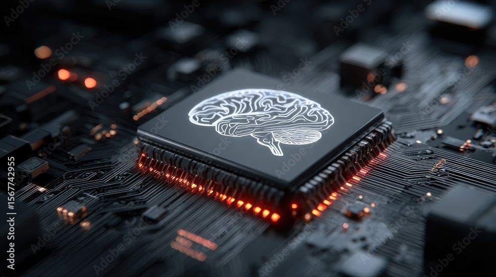 Poster artificial intelligence concept with digital brain and processor in a tech matrix