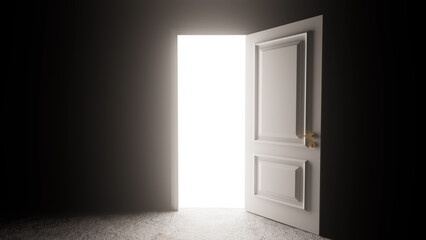 Slightly open white door allowing bright light to pour into a dark room with a concrete floor, evoking a sense of mystery and hope while suggesting new opportunities and possibilities