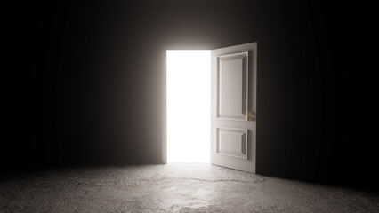 White door slightly open, revealing bright light in a dark room with concrete floor, conveying concepts of hope, opportunity, and new beginnings