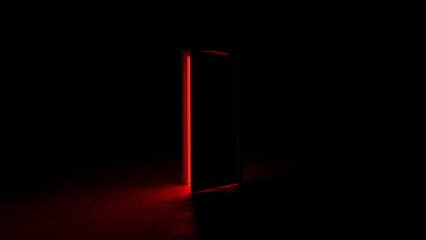 Slightly open door revealing a red light glowing from within a dark room, creating an atmosphere filled with mystery and intrigue, inviting exploration of the unknown
