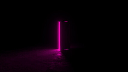 Slightly opened door letting a bright pink neon light illuminate a dark room with a concrete floor, creating a mysterious and surreal atmosphere
