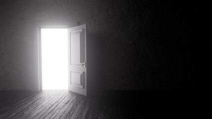 Open door is illuminating a dark room with bright light, creating a contrast between darkness and hope, symbolizing new opportunities and the passage to a brighter future