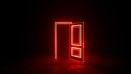Glowing red neon open door illuminating dark room, creating a mysterious and surreal atmosphere, perfect for concepts related to opportunity, mystery, or the unknown