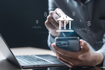 Online banking transfer money concept. Internet bank account deposit. Finance business. Financial...