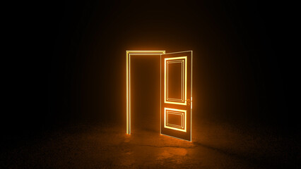 Glowing orange open door illuminates a dark room, symbolizing hope, opportunity, and new beginnings, with light casting a warm glow on the floor
