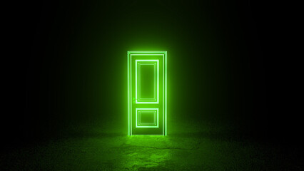 Vibrant green neon door glows in a dark room, symbolizing new possibilities, choices, and the unknown future that lies ahead, creating a sense of mystery and intrigue