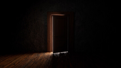 Light streaming through an open door into a shadowy room with a wooden floor creates a captivating blend of mystery and hope, inviting thoughts of opportunity and new beginnings