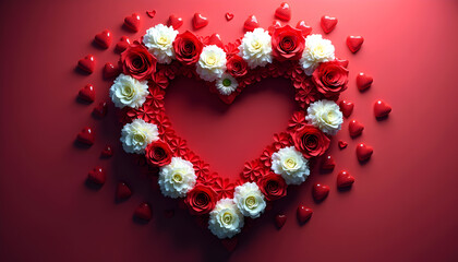 Obraz premium Heart of Roses: A heart shape created with red and white roses and small red hearts. A romantic and passionate image perfect for Valentine's Day or love-themed projects. 