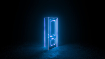 Slightly open, glowing neon door illuminating a dark room, representing new opportunities, hope, and the potential for a brighter future filled with endless possibilities