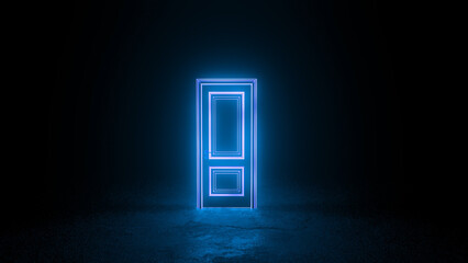 Bright neon door glowing in a dark room, symbolizing new beginnings, radiating hope, and inviting exploration of exciting possibilities in an unknown future