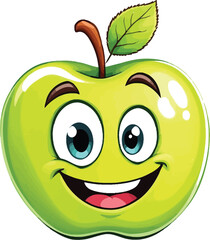 Smiling Green Apple Character – Vector Illustration of Happy Cartoon Apple with Big Eyes, Leaf, and Friendly Expression