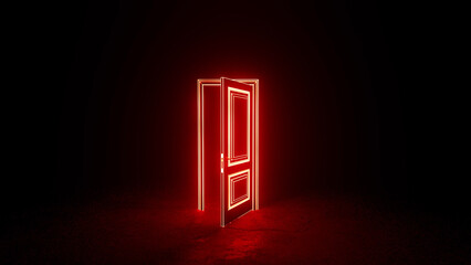 Bright red neon light outlines a slightly opened door in a dark room, creating a sense of mystery and opportunity, inviting exploration of the unknown