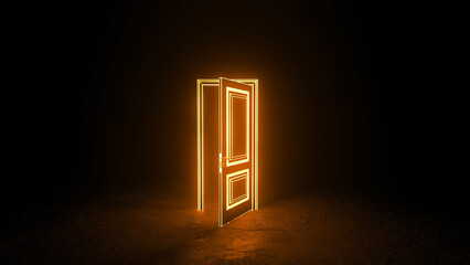 Bright orange glow radiating from an open door, illuminating a dark room and symbolizing hope, opportunity, and new beginnings while inviting exploration into the unknown