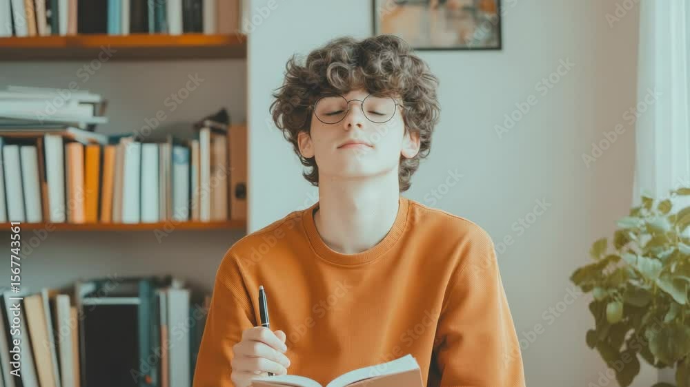 Aufkleber Portrait of a focused male student holding a pen and notebook, preparing for exams or doing homework in his room with a bookshelf filled with books visible behind him