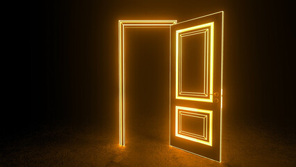 Open door with a glowing frame illuminating a dark room, representing new opportunities and hope while guiding the way toward a brighter future filled with potential