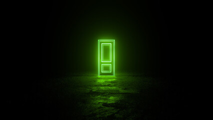 Vibrant green neon door stands glowing in a dark, otherwise empty room, emanating an ethereal light that creates a sense of mystery, hope, and the unknown