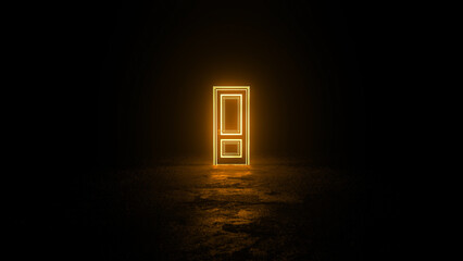Glowing rectangular door illuminates a dark room, creating a mysterious and intriguing atmosphere with a sense of opportunity and the unknown