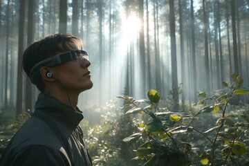 Forest ranger wearing augmented reality goggles exploring nature in misty woods