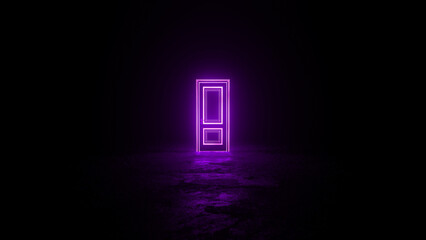 Glowing purple neon door illuminating a dark, empty room with a rough concrete floor, creating a mysterious and surreal atmosphere filled with intrigue and potential