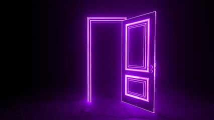 Vibrant purple neon open door is glowing in a dark room, representing opportunity, new beginnings, and the potential for exciting possibilities