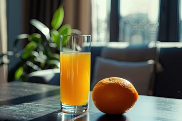 Vibrant Picture of a Glass of Orange Juice Next to an Orange