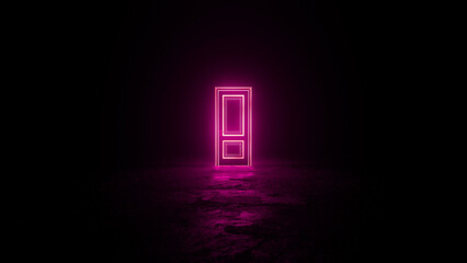 Vibrant pink neon door stands glowing in a dark, empty room, emitting an ethereal light that reflects on the rough concrete floor, creating a mysterious and surreal atmosphere