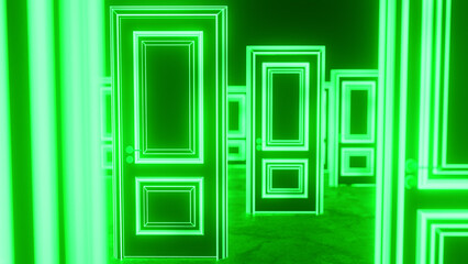 Many doors with glowing green light frames are standing in a dark room, representing infinite possibilities, choices, and the concept of decision making