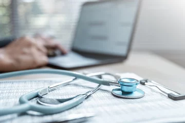 Fototapete Health insurance concept. Healthcare and medical care. Life insurance policy. Medicine, Hospital, Stethoscope, Doctor. Patient business. Healthcare expense. © Take Production