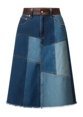Patchwork denim midi skirt with frayed hem and mismatched panels
