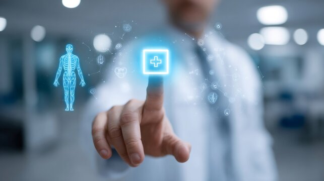 Doctor using holographic ai interface touching medical cross icon for healthcare innovation