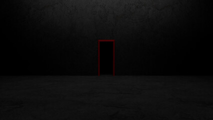 Red door contrasting vividly against a dark concrete wall and floor in an empty room, evoking a sense of mystery and intrigue within a surreal, minimalist space