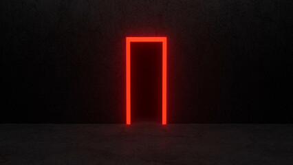 Bright red neon light forming a doorway in a dark grunge concrete room illuminates the rough texture of the walls and floor, creating a mysterious and futuristic atmosphere