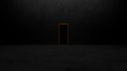 Glowing light spilling from a rectangular doorway in a dark wall creates a mysterious and surreal atmosphere in an empty room, inviting thoughts of hidden secrets and unknown journeys