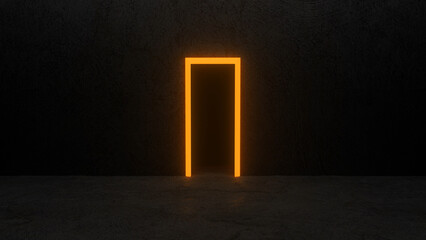 Bright orange light outlines a doorway in a dark concrete wall, creating a mysterious and futuristic atmosphere, suggesting a portal to another dimension or a hidden passage