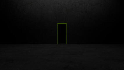 Green door frame glowing in a dark empty room with black concrete walls and floor representing concepts of mystery, choice, and the unknown