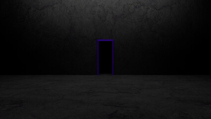 Vivid purple doorway glowing against a dark, textured concrete wall in an empty room, evoking a sense of mystery and surrealism while inviting thoughts of the unknown